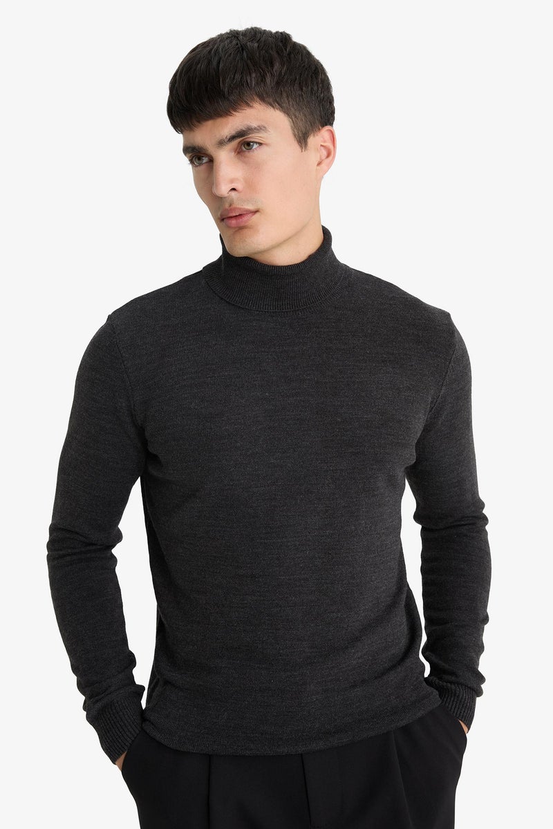 DeFacto Grey Man Slim Fit Turtleneck Knitwear Pullover Casual - Image 3